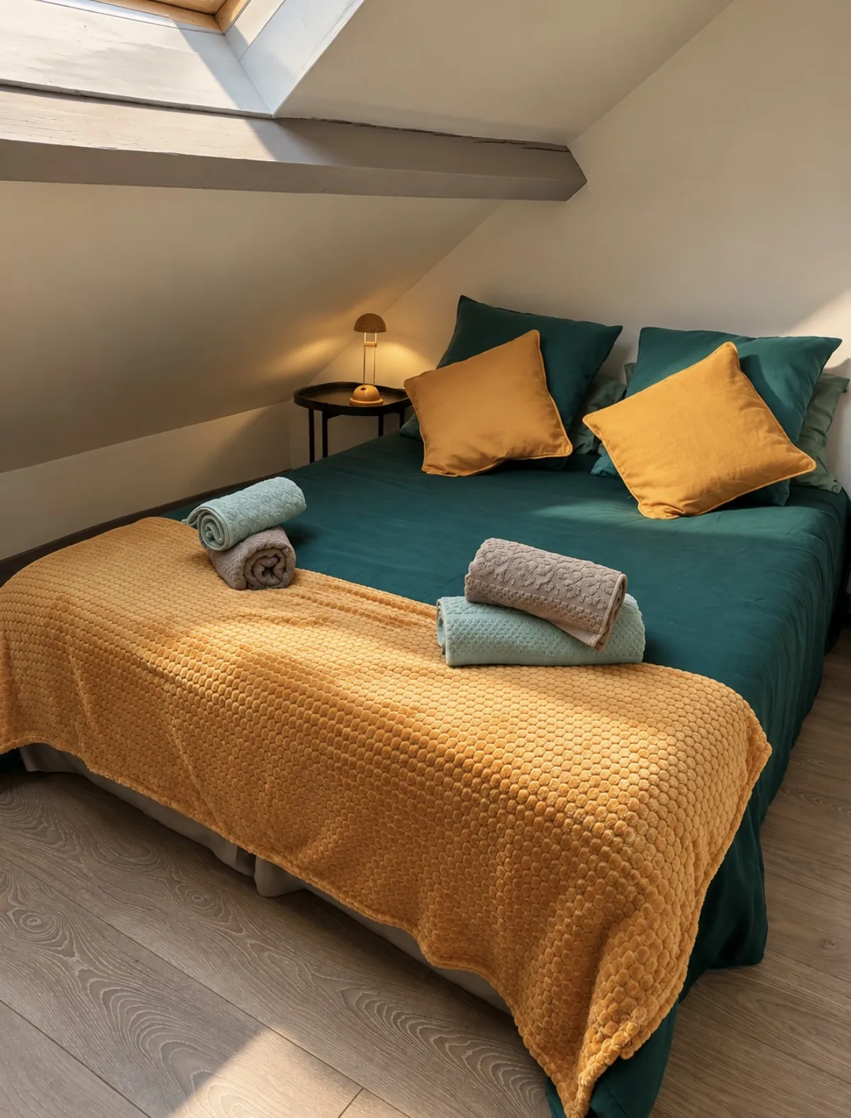 Chambre d'un logement géré par Loc Travel, lit fait et serviettes préparées pour les voyageurs
